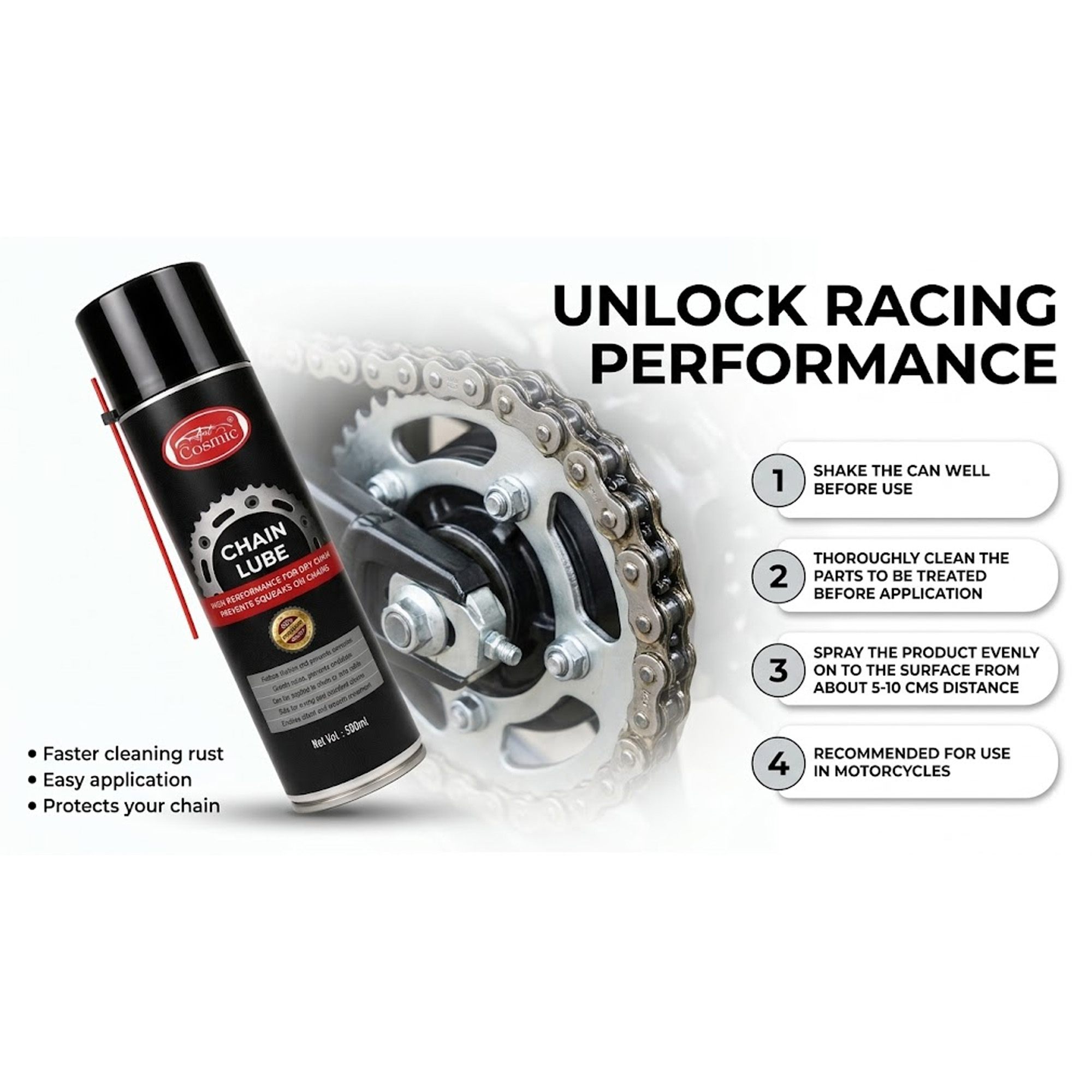 Auto Cosmic Chain Lube Spray – High Performance Chain Lubricant & Anti-Corrosion Protection for Motorcycles, Bicycles & Industrial Chains (500ml)